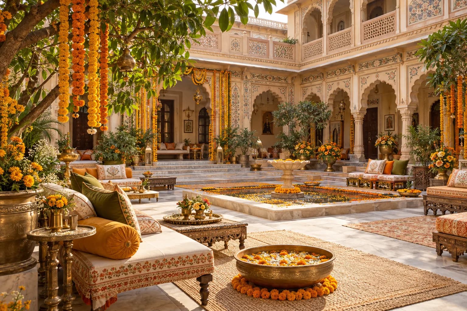 Illustrative heritage courtyard prepared for an Indian celebration