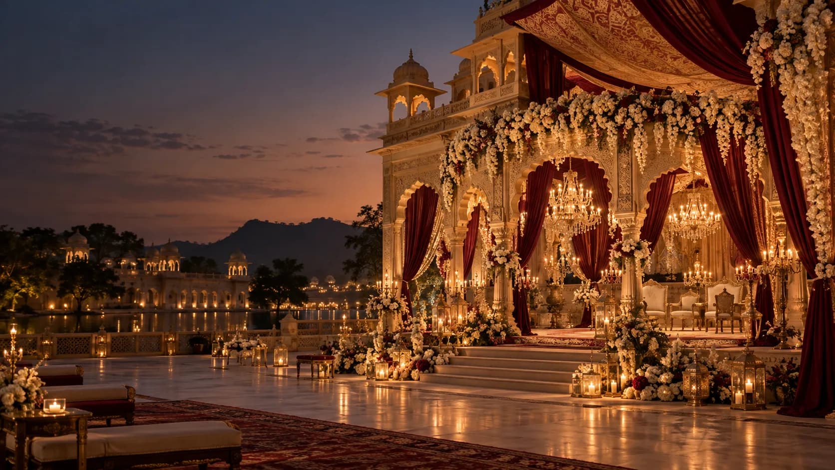 Illustrative luxury Indian wedding mandap with flowers and chandeliers