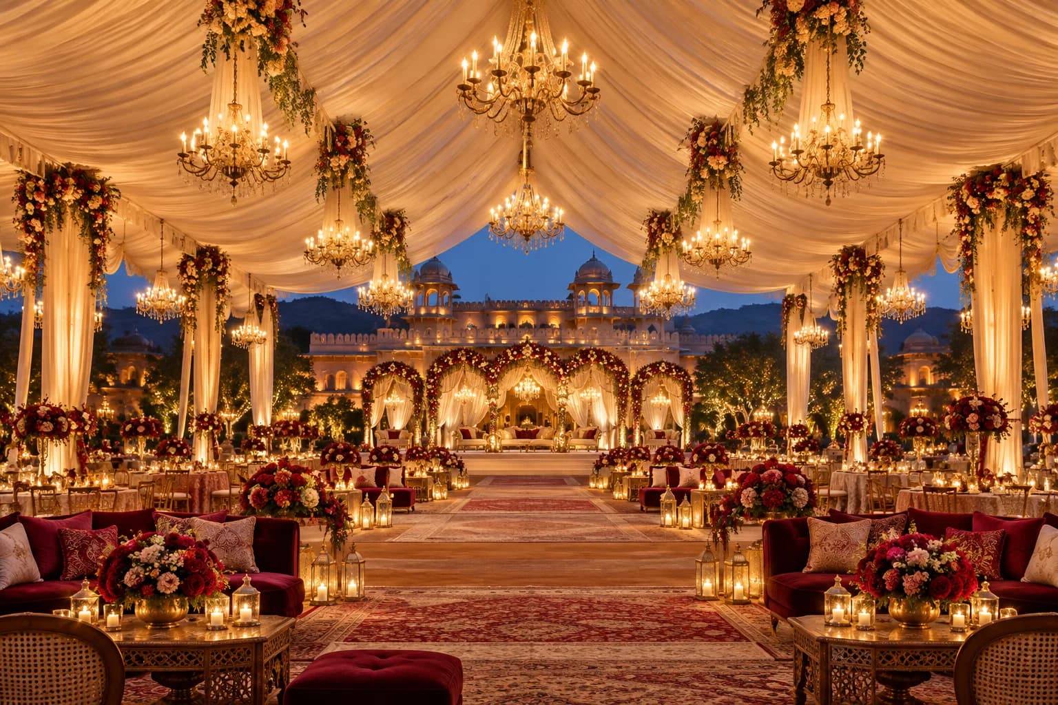 Illustrative chandelier-lit tent arrangement